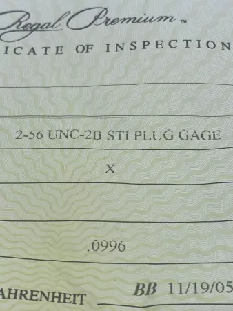 NEW Regal Cutting Tools 2-56 UNC-2B STI NoGo 0.0996 Thread Plug Gage 