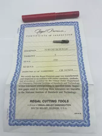 NEW Regal Cutting Tools 4-48 UNF 2B/3B Go PD 0.0985 Thread Plug Gage 