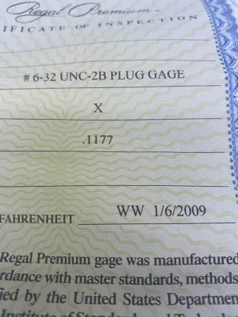 NEW Regal Cutting Tools 6-32 UNC-2B Go PD 0.1177 Thread Plug Gage 
