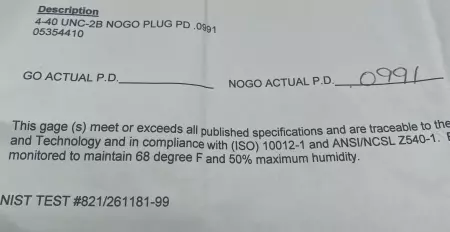 Unbranded 4-40 UNC-2B NoGo 0.0991 Thread Plug Gage 