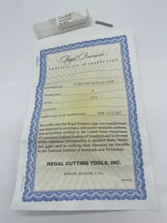 Regal Cutting Tools 0-80 UNF-2B Go PD 0.0519 Thread Plug Gage 