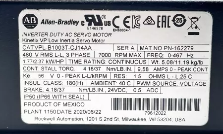 Allen-Bradley VPL-B1003T-CJ14AA SER.A AC Servo Motor 2.37HP/ 1.77kW 