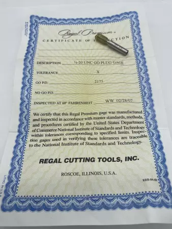 Regal Cutting Tools 1/4-20 UNC Go PD 0.2175 Thread Plug Gage 