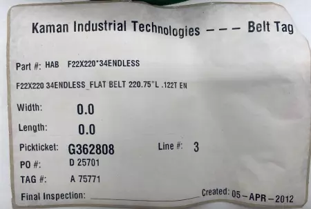 Habasit HAB F22X220*34 ENDLESS Conveyor Flat Belt 220.75