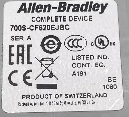 Allen-Bradley 700S-CF620EJBC Safety Contactor 24VDC 20Amp W/Aux. Contact 