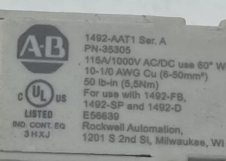 Allen-Bradley 1492-AAT1 SER.A Busbar Feed Terminal  1000V AC/DC 115Amp 