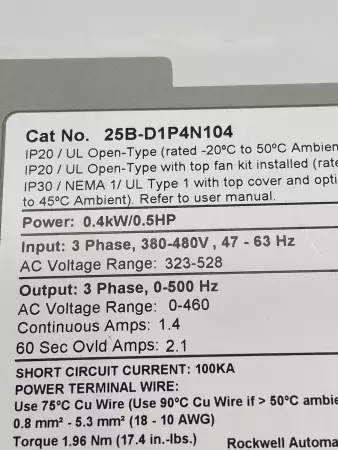 Allen-Bradley 25B-D1P4N104 SER.A PowerFlex 525 AC Drive 