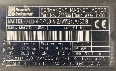 Rexroth Indramat MAC112B-0-LD-4-C AC Servo Motor PN 255506 