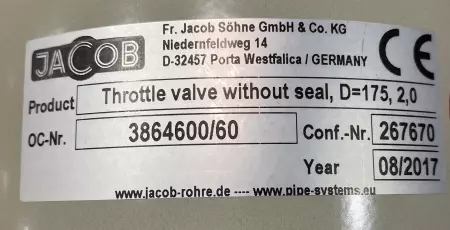 Jacob 3864600/60 Throttle Valve 175mm W/VR45.70B.GP5 Actuator 