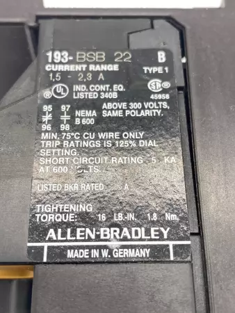 Allen-Bradley 193-BSB 22 SER.B Overload Relay, 600V 25A, 1.5-2.3Amp Range 