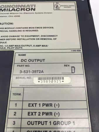 Cincinnati Milacron 3-531-3972A REV.D DC Output Module 48VDC 1.5Amp 