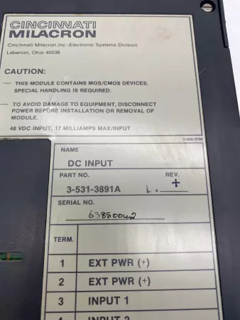 Cincinnati Milacron 3-531-3891A DC Input Module 48VDC 17mA 