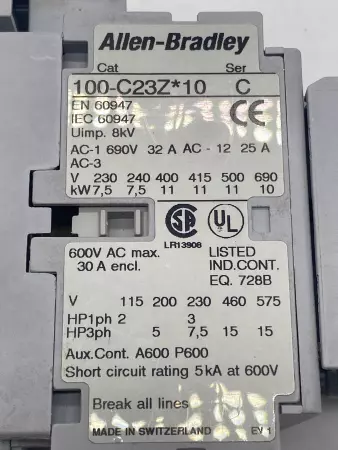 Allen-Bradley 100-C23Z*10 SER.C Contactor 600VAC 30Amp W/100-F Aux. Contact 