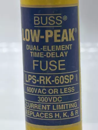 Bussmann LPS-RK-60SP Low-Peak Time Delay Fuse, 600VAC 300VDC 60Amp, Type D 