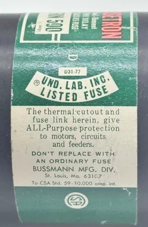 Bussmann FRN 500 Fusetron Time Delay Fuse, Class K5, 250V 500Amp 