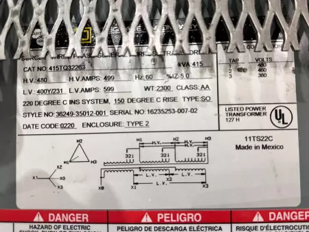 Square D 415TQ32263 Transformer, 415kVA 