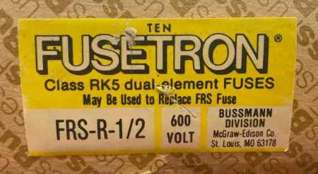 Bussmann FRS-R-1/2 Fusetron Time Delay Fuse, Class RK5, 600V 0.5Amp Lot of 10