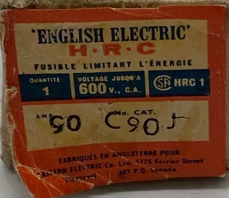 English Electric HRC C90J Energy Limiting Fuse, 600VAC 90Amp 