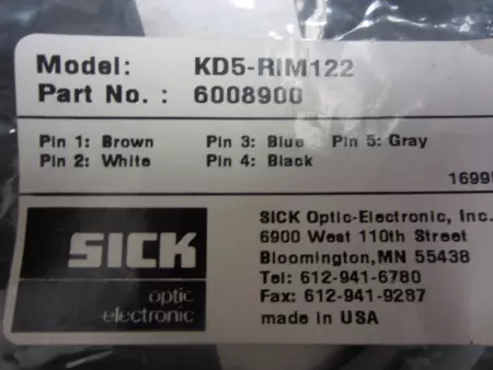 NEW Sick KD5-RIM122 Cable with Right Angle Plug 2M, 5-Wire 