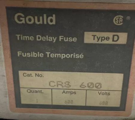 Gould Shawmut CRS 600 Time Delay Fuse, 600VAC 600Amp, Type D 