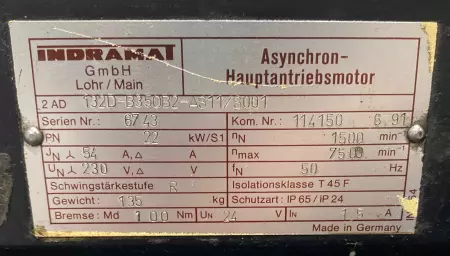 Indramat 132D-B350B2-AS11/S001 AC Servo Motor 22kW, 5-Groove Pulley Ended 