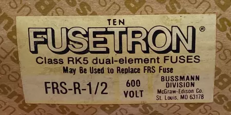 Bussmann FRS-R-1/2 Fusetron Fuses, Class RK5, 600VAC 300VDC 0.5Amp Lot of 10