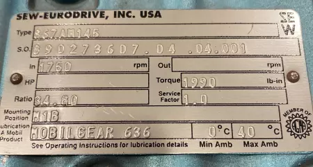 Sew Eurodrive S67AM145 Right Angle Gear Box, Ratio 34.8:1 