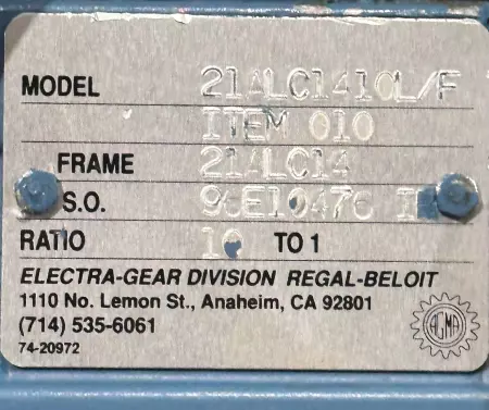 Electra-Gear Div. 21AL01410L/F Gearbox Ratio 10:1 