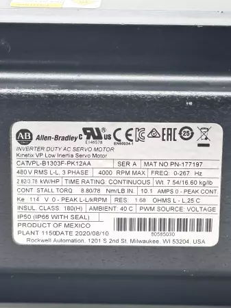 Allen-Bradley VPL-B1303F-PK12AA SER.A AC Servo Motor, 3.78HP 