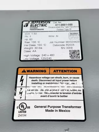 Jefferson Electric 411-0081-000 1-Phase Transformer, 1.5kVA 