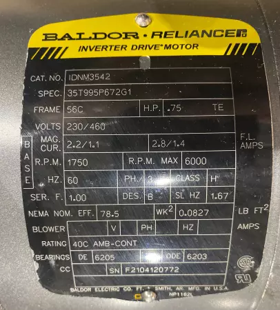 Baldor IDNM3542 Inverter Drive Motor 0.75HP W/Conedrive Gearbox 7.5:1 Ratio 