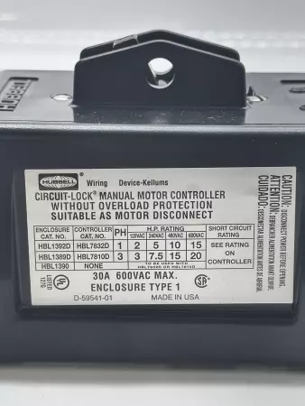 Hubbell HBL1392D Circuit-Lock®Manual Motor Controller 3-20 HP 