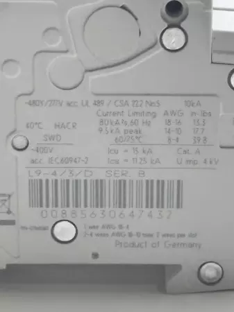 Sprecher+Schuh L9-4/3/D 3-Pole Circuit Breaker, 277VAC 4Amp 