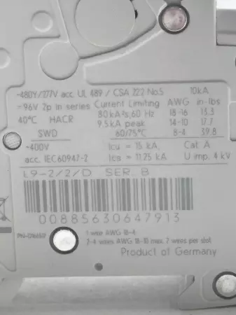 Sprecher+Schuh L9-2/2/D 2-Pole Circuit Breaker, 277VAC 2Amp 