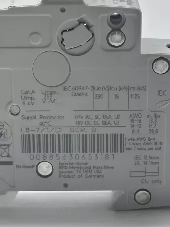 Sprecher+Schuh L8-2/1/D 1-Pole Circuit Breaker, 277V 2Amp 