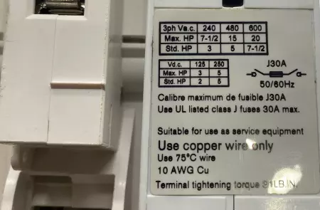 Socomec FUSERBLOC J30A Fusible Disconnect Switch, 3-Pole, 30Amp/600V 