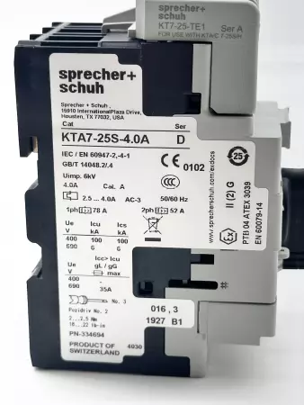 Sprecher+Schuh KTA7-25S-4.0A Motor Switch Control, 115-575VAC  2.5-4.0Amp 