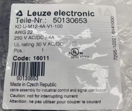 Leuze KD U-M12-4A-V1-100 Cable, 4-Pin 22 AWG 250V 4A 