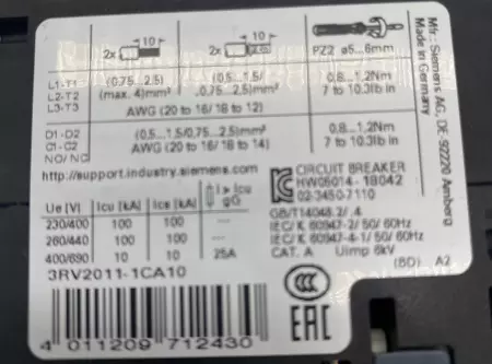 Siemens 3RV2011-1CA10 Manual Motor Starter 