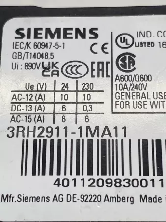 Siemens 3RH2911-1MA11 Auxiliary Switch, 240V 10A 