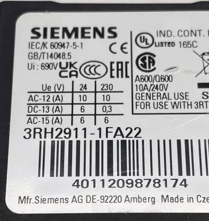 Siemens 3RH2911-1FA22 Auxiliary Switch, 240V 10A 