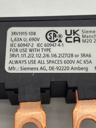 Siemens 3RV1915-1DB Busbar Max 600VAC 65A 
