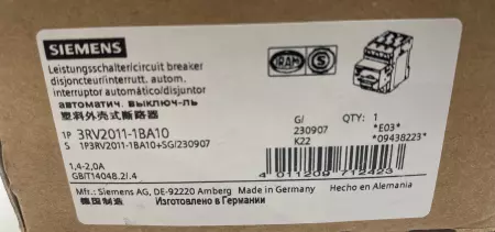 Siemens 3RV2011-1BA10 Manual Motor Starter, 600V Range 1.4-2Amp 