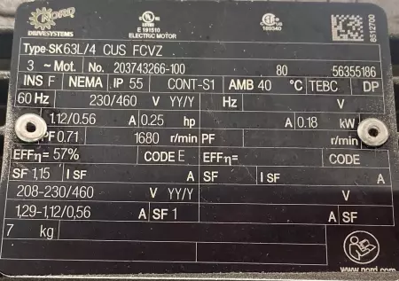 Nord SK63L/4 CUS FCVZ AC Motor. 0.25HP 