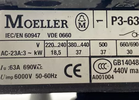 Moeller P3-63 Switch Box W/Load Disconnect Switch Base Module 63A 690V 