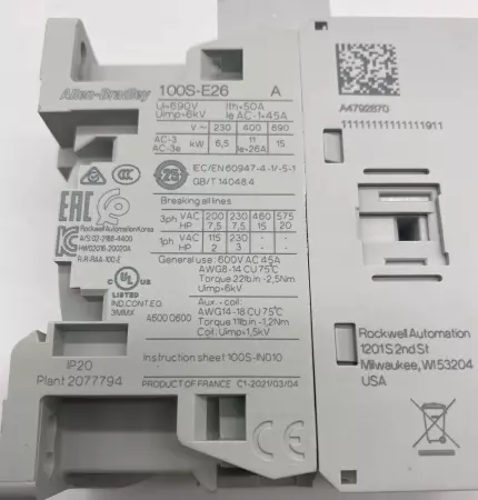 Allen-Bradley 100S-E26EJ04C Safety Contactor, 600V 45A 24VDC Coil 