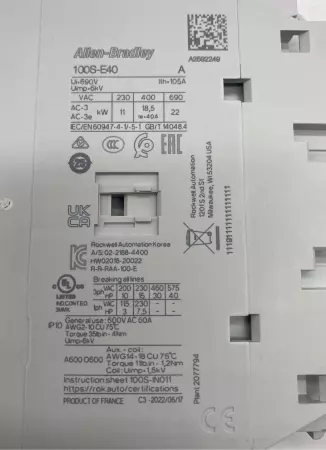 Allen-Bradley 100S-E40 SER.A Safety Contactor 600VAC 60A 