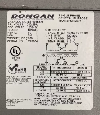 Dongan 85-1055SH Single Phase Transformer 5kVA 