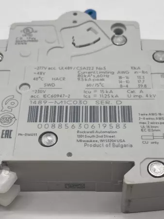 Allen-Bradley 1489-M1C030 SER.D 1-Pole Circuit Breaker 