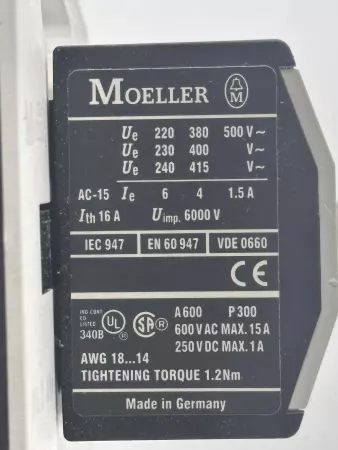 Moeller DIL2AM Contactor 600V 90Amp W/11DILM Auxiliary Contact 